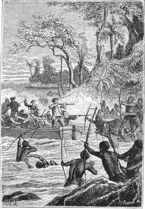 Pursued by the arrows of the natives